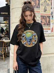 Camiseta casual de verano para mujer, de diseño simple y versátil, cuello redondo, mangas cortas, tela suave. |   Tierra Esquelética |   Estilo callejero americano, tiendas locales, ropa de abrigo, algodón puro, vintage, estilo callejero europeo y americano, casual deportivo, unisex, estilo casual urbano, tops bonitos, ropa Y2K, camisetas divertidas, tops de mujer, tops lindos, camisetas estampadas, conjuntos de primavera, camisetas holgadas, estilo callejero vintage, estilo de los 90, estilo de los 2000, subcultura, tops negros, tops blancos, conjuntos de fiesta de los 90. Camiseta de algodón puro - Negro - Ver 1