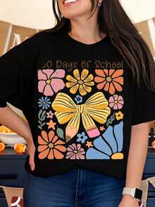 Camiseta con Lazo Floral "10 Días de Escuela" para Mujer, Diseño Bonito para el Regreso a Clases con Flores Coloridas y Motivo de Lápiz, Perfecta como Regalo para Maestras o para Celebración Estudiantil - Negro - Ver 7