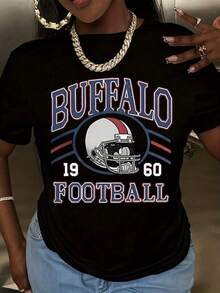 Camiseta de diseño de casco de fútbol americano Buffalo de 1960 para mujer, corte holgado informal, blanca, ropa deportiva de equipo. - Negro - Ver 2