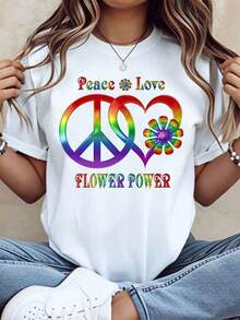 Women's Casual T-Shirt With Graphic Print Of Peace, Love, Flower Power, Rainbow, Peace Symbol And Daisies For Hippie Festival, Summer Clothing, 220g - 白色 - 查看 2