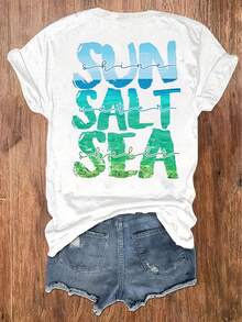 Camiseta de mujer con estampado retro "Sol Sal Mar", cómoda y transpirable, de algodón puro, manga corta, cuello redondo, corte holgado, estilo casual urbano, camiseta blanca de tela suave con gráfico acuarela costero para uso diario. - Blanco - Ver 1