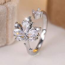 Vanel 1piece Elegant Statement Ring, Butterfly-Shaped CZ Open Design, Romantic Fashion Jewelry For Daily Wear - Silver-white - View 3