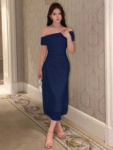 Vestido de hombros abiertos de unicolor, vestido de fiesta elegante para cumpleaños, Año Nuevo, baile de graduación, vestido de cóctel de hombros descubiertos de largo maxi - Azul marino - Ver 5