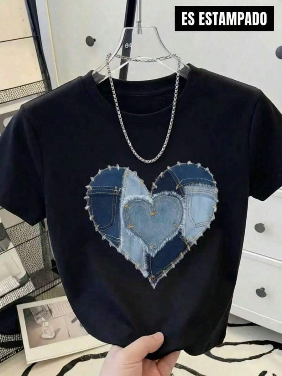 Women's Graphic T-Shirt Blouse, Casual Short-Sleeved Round Neck Basic Top With Heart Print, Faux Denim Style, Suitable For Everyday Wear, Day Or Night, Valentine's Day, Soft, Regular Fit, Comfortable, Cool, Lightweight, Modern, Youthful, Y2K Aesthetic - 黑色 - 查看 1