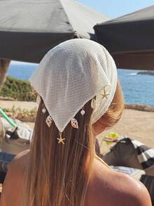 1件女士手工刺绣荷叶边海星贝壳装饰头巾，适合日常佩戴和夏季度假发饰沙滩发带度假头巾优雅围巾女士头巾 - 白色 - 查看 2