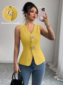Blusa exterior con cuello en V ajustada con decoración de botones dorados con rosas - Amarillo - Ver 1