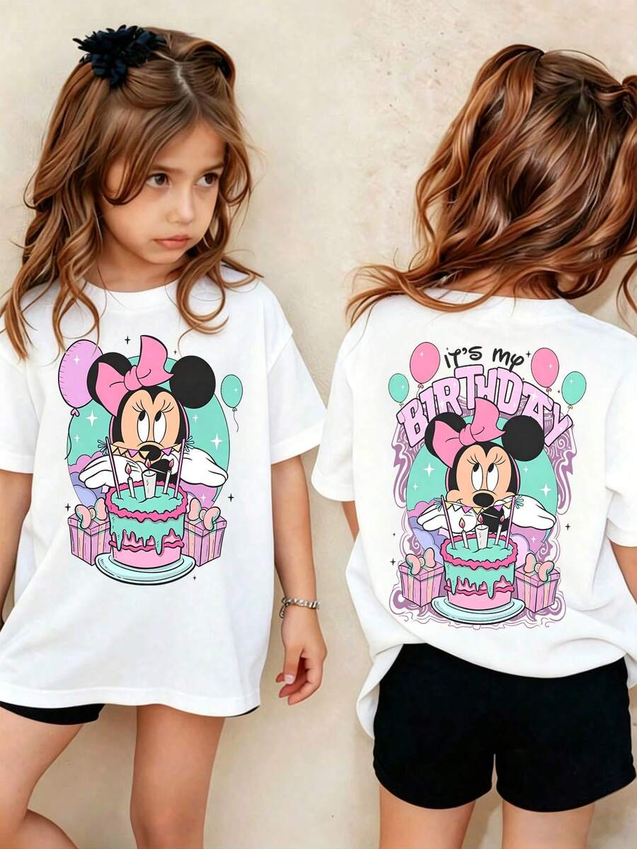 Disney Birthday Print Summer Tops,Minnie Mouse Outfit, Perfect For Cute Girls. Minnie Mouse Outfit,Teen Girl Gift,Comfortable And Breathable Children's Short-Sleeved T-Shirt.Suitable For Both Boys And Girls.Suitable For Daily Wear, Vacations, Outdoor Activities, And As A Children's Gift. - trắng - Xem 1