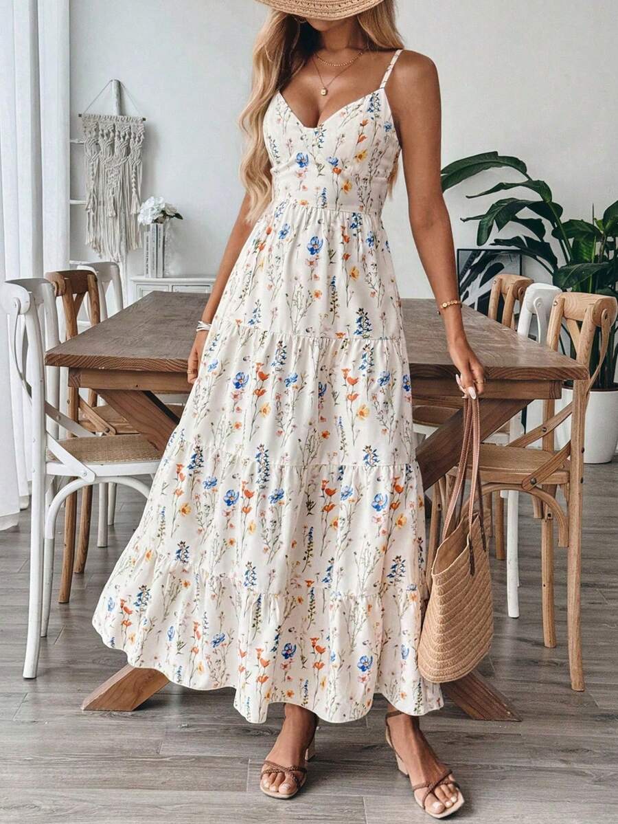 Vestido Largo de Mujer con Tirantes, Estampado Floral, Espalda con Lazo y Volantes, Estilo Boho para Verano - transparente - Ver 1