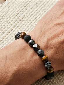 Fashionable Men's Wealth Bracelet, Weathered Agate & Black Lava Handmade, Courage, Confidence Retro Meditation Jewelry Gifts, Suitable For Daily Wear - Multicolor - View 2