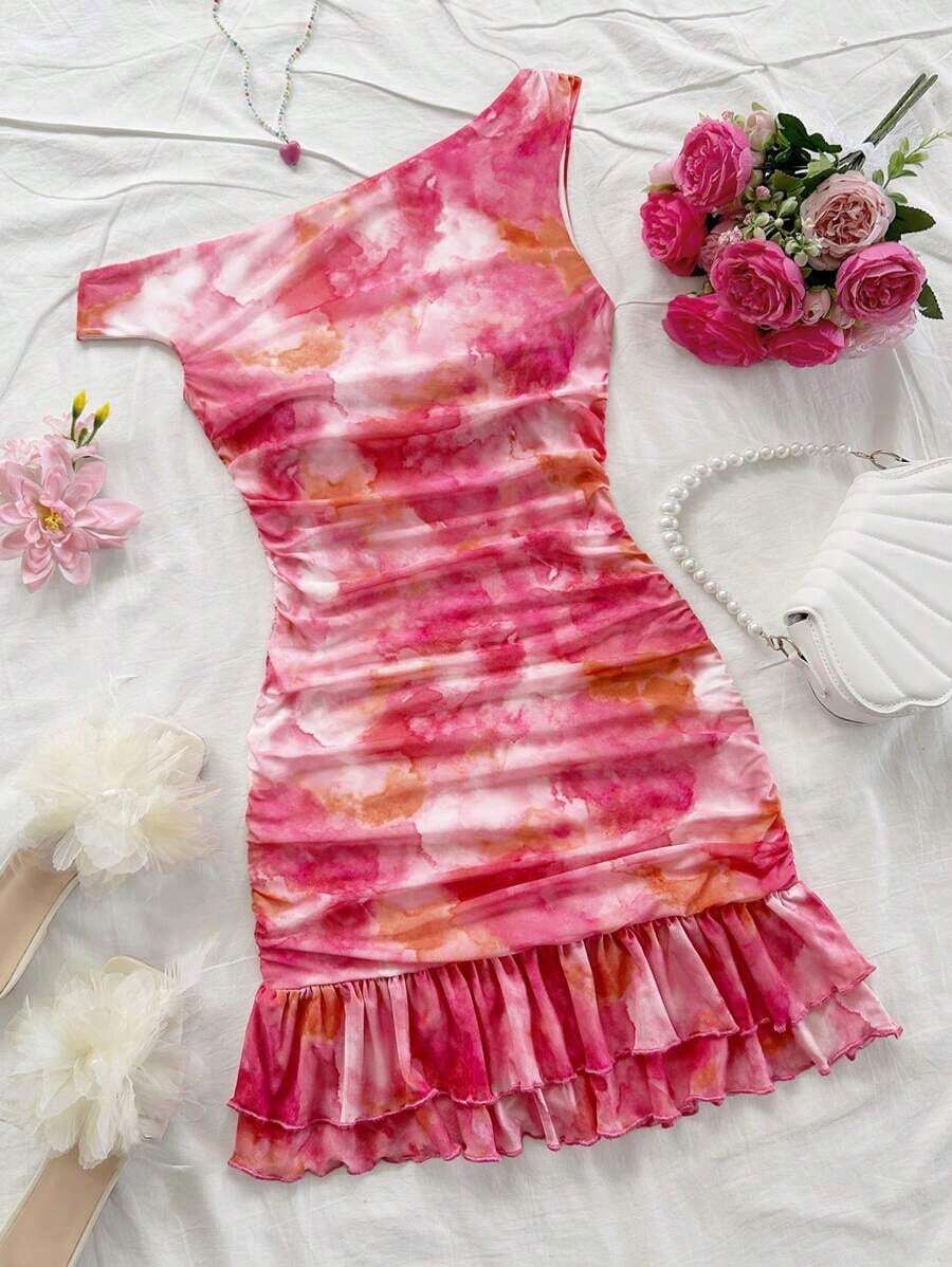 Vestido mini ajustado con volantes asimétricos en el hombro y estampado de teñido anudado romántico.Versátil para fiestas, citas, té de la tarde, playa, boda, temporada de graduación - Multicolor - Ver 1