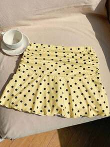 Minifalda acampanada fruncida con estampado de lunares para el verano - amarillo ganso - Ver 4