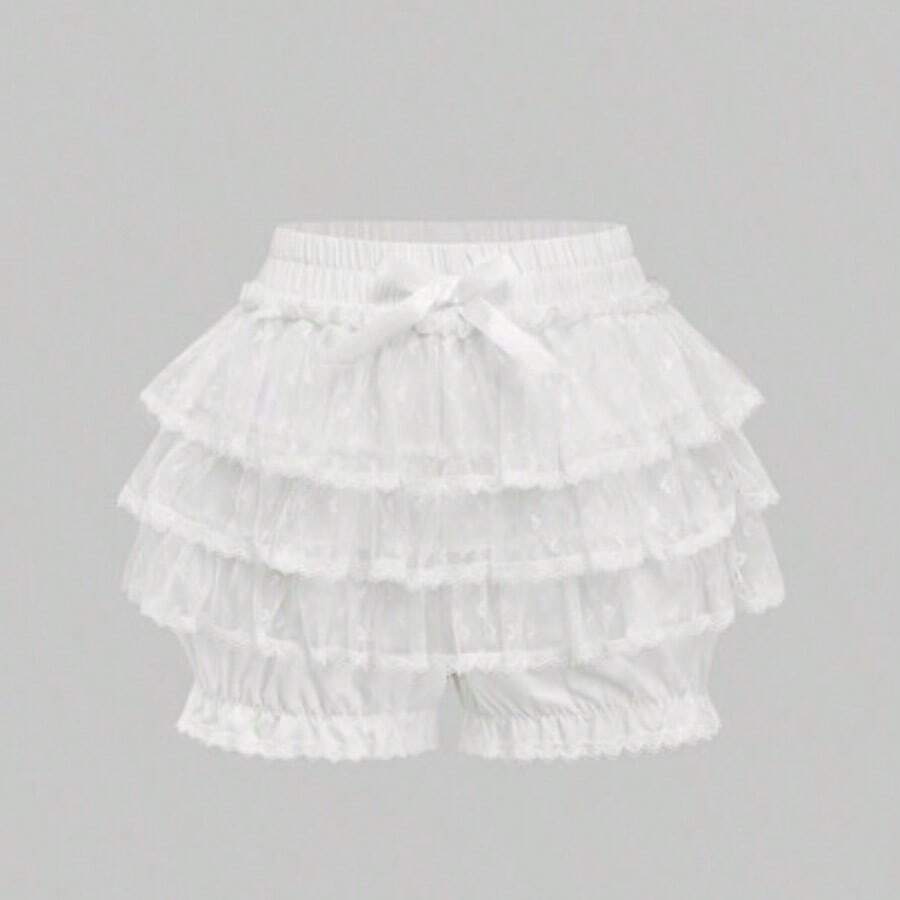 Spring|Summer Carnival Party Casual White Lolita Multilayers Cake Skirt With Bow, White Gothic Lace Splice Bow Solid Pumpkin Lantern Shorts, Bridesmaids Dress - Blanco - Ver 1