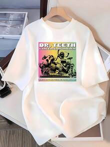 Gráfico colorido con banda tocando instrumentos y transmitiendo energía y alegría musical en un fondo degradado que evoca espíritu retro de concierto y libertad camiseta de mujer  cómoda y moderna para uso diario - Blanco - Ver 3