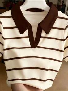 Blusa casual de manga corta con estampado de rayas y bordado de letras para mujer - Multicolor 2 - Ver 1