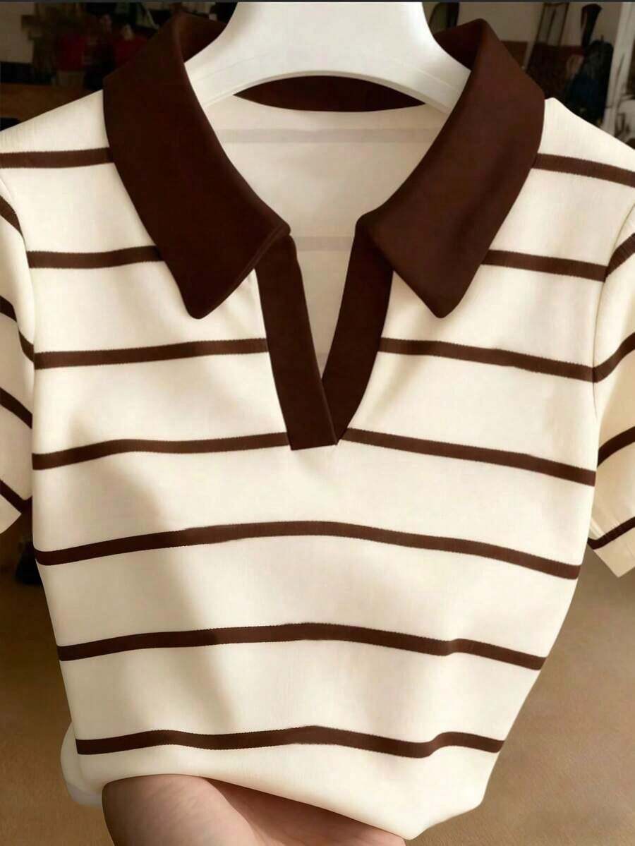 Blusa casual de manga corta con estampado de rayas y bordado de letras para mujer - Multicolor 2 - Ver 1