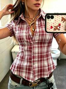 Camisa ajustada de mujer con cuello polo y manga corta - Burdeos - Ver 3