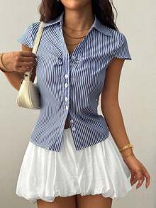 Camisa casual de manga corta con capucha, cintura ajustada con lazo delantero - Azul y blanco - Ver 7