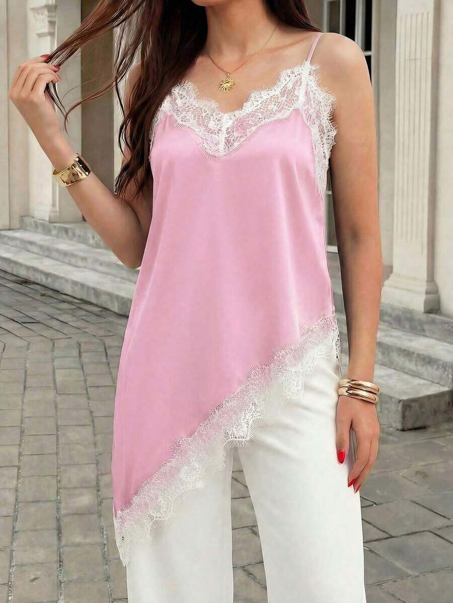 Blusa larga de satén con encaje, de tirantes finos, suave y cómoda, con diseño de bajo asimétrico, para un atuendo casual, elegante y de oficina moderno y urbano en verano - Rosa - Ver 1