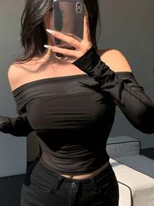 Blusa de mujer de malla elástica transparente con hombros descubiertos, blusa de manga larga para mujer de primavera/verano - Negro - Ver 1