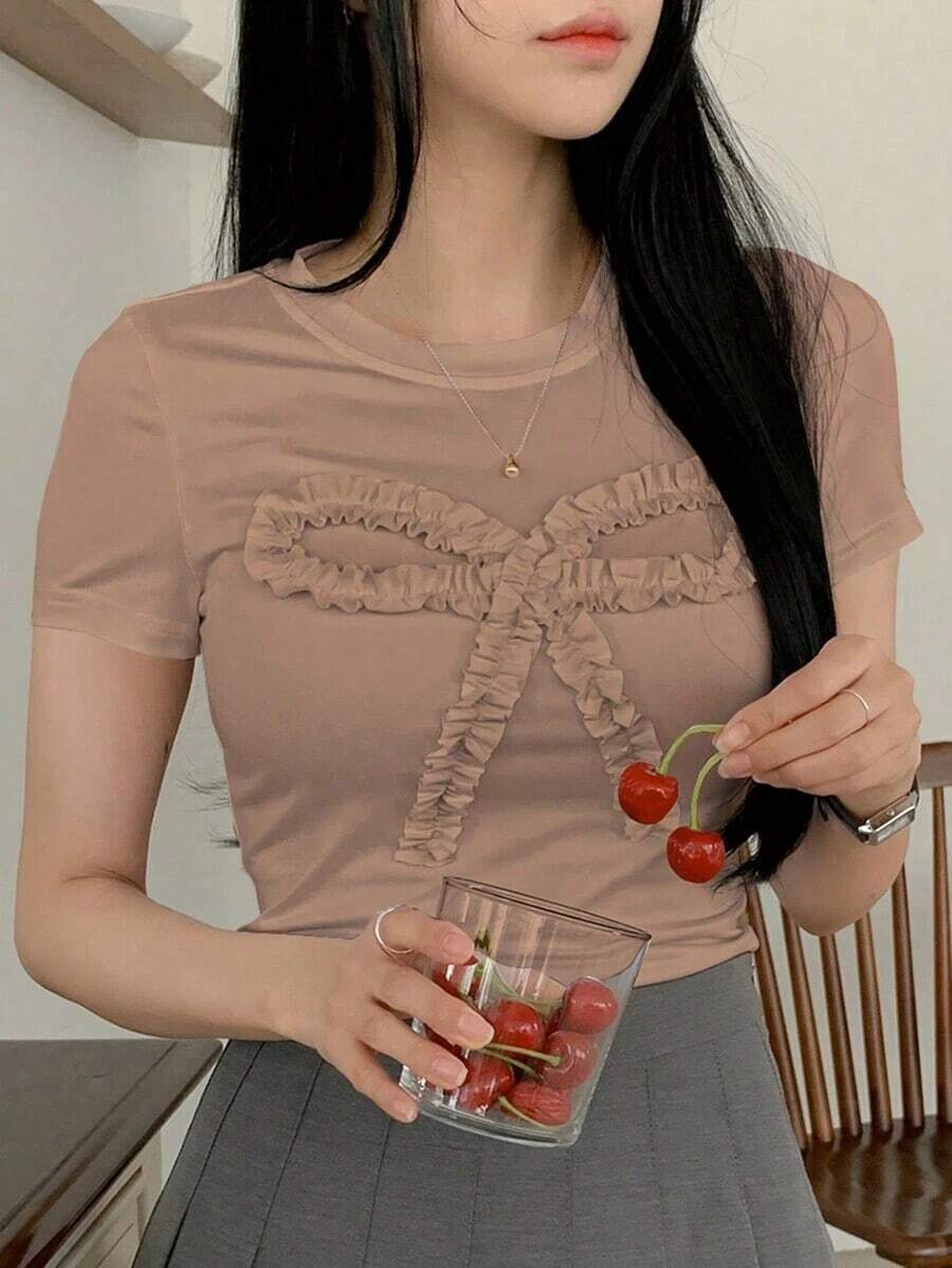 Camiseta casual de verano para mujer con volantes y decorativa con lazo, crop tops para mujer, camisetas gráficas - Caqui - Ver 1