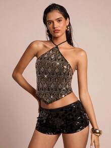 Glamour Nuevo top de verano bohemio de mujer para vacaciones, con escote halter sin espalda y tela con cuentas especiales en la espalda.Vestido de vuelta al colegio, vestidos de mujer para salir, tops de mujer estilo Y2K lindos - Negro - Ver 1
