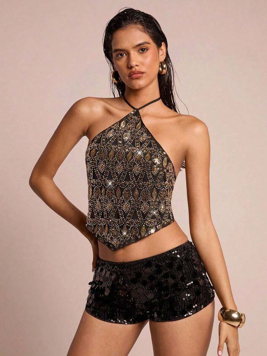 Glamour Nuevo top de verano bohemio de mujer para vacaciones, con escote halter sin espalda y tela con cuentas especiales en la espalda.Vestido de vuelta al colegio, vestidos de mujer para salir, tops de mujer estilo Y2K lindos - Negro - Ver 1