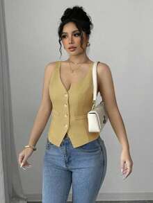 Camiseta sin mangas de un solo pecho de unicolor casual para mujer - amarillo ganso - Ver 3