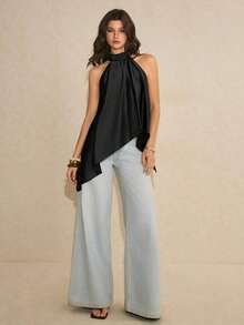 Blusa elegante de cuello halter con lunares para mujeres - Negro - Ver 4