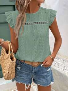 Frenchy Camiseta con cuello redondo y adorno de encaje con volantes y bordado de ojal - Verde 2 - Ver 1