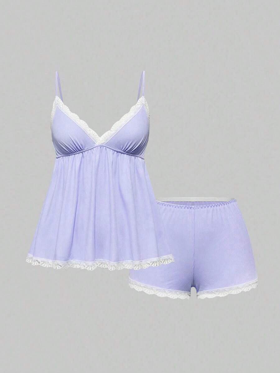Conjunto de pijama casual de camiseta de tirantes acanalada y shorts con encaje - Púrpura malva - Ver 1