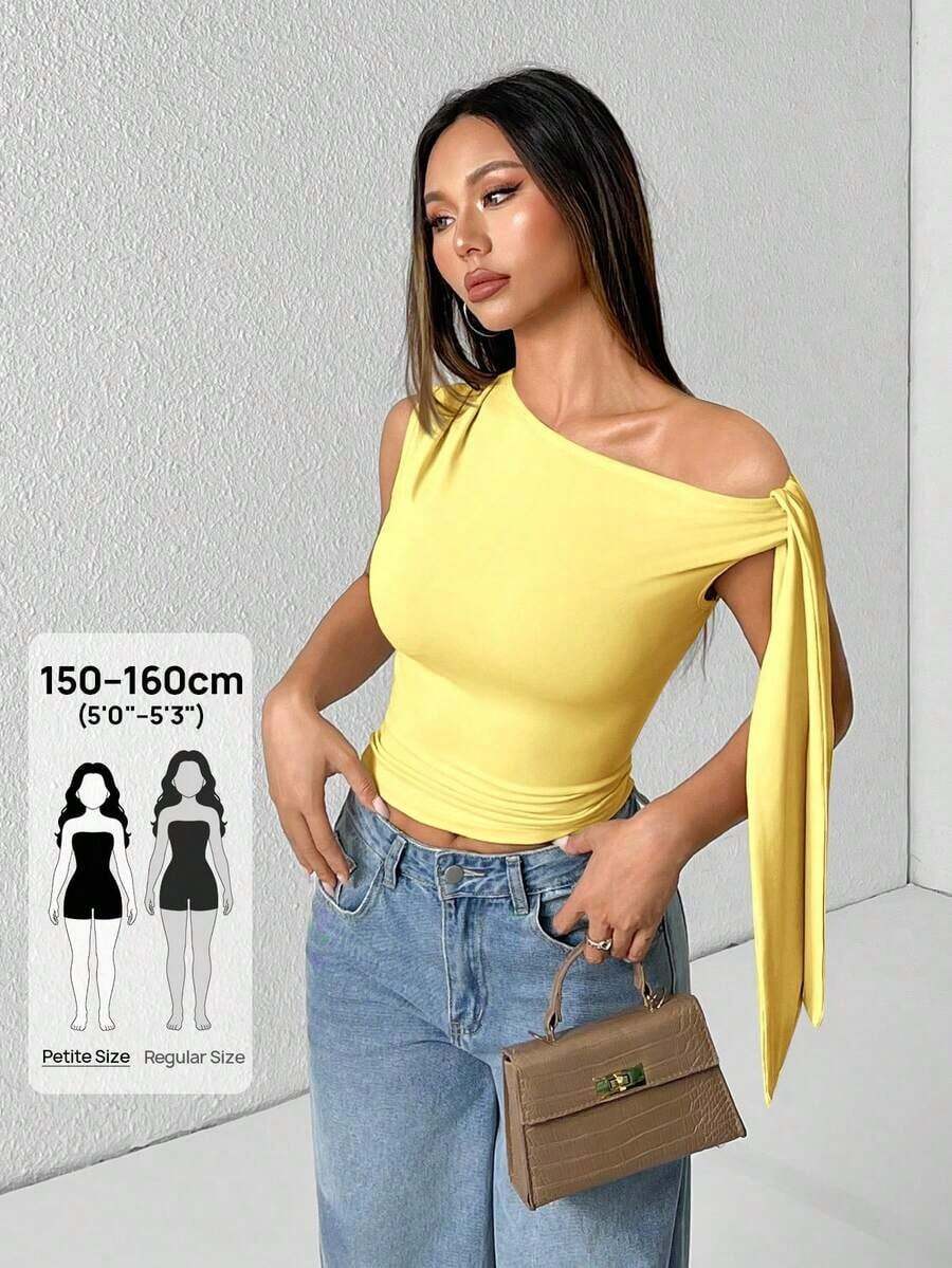 Camiseta de tirantes de unicolor informal con cuello de halter y lazada para el verano - Mostaza Amarilla - Ver 1