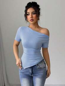 Camiseta de punto elástico ajustada con volantes y bajo asimétrico para mujer, camiseta casual y elegante para primavera/verano - Azul - Ver 3