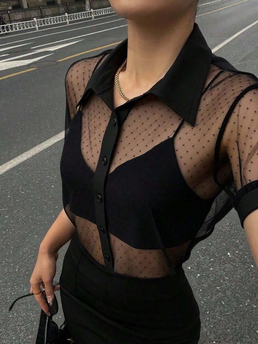 Blusa transparente de malla y gasa de manga corta minimalista para mujer, de estilo casual de negocios - Negro 4 - Ver 1