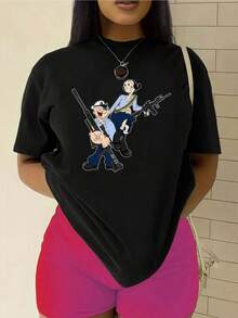 Women's Fashionable T-Shirt, Featuring The "Mighty Man From And " Pattern Print, Made Of 100% Pure Cotton With A Round Neck And Short Sleeves. It Is Comfortable And Breathable, Casual And Elegant, A Must-Have For Summer. - 黑色 - 查看 6