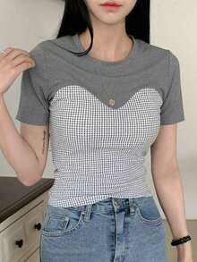Camiseta de mujer de manga corta con bloqueo de color de empalme envuelto, Crop Tops de mujer a cuadros - Gris - Ver 8