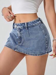 Falda mini de mezclilla lavada informal para mujer - Niebla azul - Ver 1