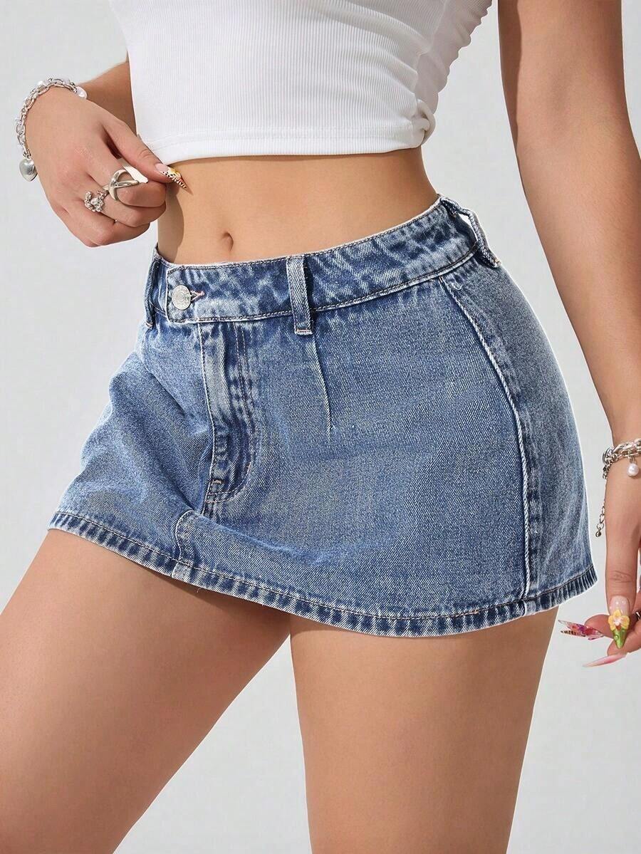 Falda mini de mezclilla lavada informal para mujer - Niebla azul - Ver 1