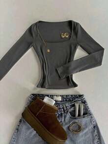 Camiseta de manga larga de cuello cuadrado gris minimalista de ajuste ceñido, adecuada para primavera, verano, otoño e invierno.Camiseta de moda, regalo de estilo minimalista para hermanos, hermanas, mamá, Día de la Madre, top de moda casual. - Multicolor 3 - Ver 6
