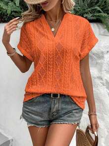 Camiseta suelta de mujer de manga de murciélago con escote en pico, de tela texturizada de unicolor, para verano y vacaciones - Naranja - Ver 4
