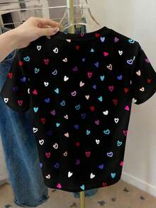Camiseta holgada de manga corta con cuello redondo y gráfico de corazón minimalista casual para mujer, adecuada para primavera/verano, Día de San Valentín, Carnaval - Camiseta gráfica linda con diseño de corazón, casual - Multicolor 11 - Ver 2