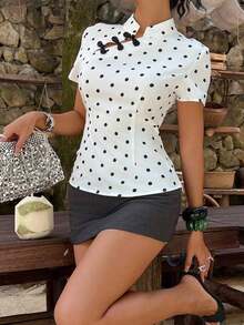 Blusa de cuello Mao de manga corta con cintura ceñida, estilo chino nuevo en color albaricoque, nuevo diseño de primavera/verano para mujer - Blanco y Negro - Ver 4