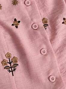 Camisa sin mangas con cuello en V, botones y bordado, con aspecto de lino, para mujer, para salidas de verano, citas, Año Nuevo, San Valentín, Pascua, Día de la Madre, festivales de música, estilo de Oriente Medio, bodas, elegante, vintage, casual - Rosa - Ver 3