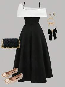 Vestido de fiesta para adolescentes, vestido entallado sin mangas con volantes y ribete de encaje en unicolor, vestidos de noche elegantes, apropiado para fiestas, citas, reuniones familiares importantes y diversos eventos, vuelta al colegio/estil - Blanco y Negro - Ver 2