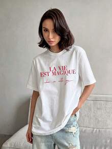 Camiseta Casual Blanca para Mujer con Estampado Gráfico, Cuello Redondo, Manga Corta con Hombros Caídos, Tejido de Punto, Largo Regular HQQN - Blanco - Ver 1