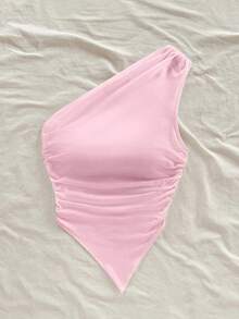 Blusa casual de unicolor con hombros oblicuos y ajustada, apropiada para el verano - Rosa - Ver 7