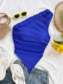 Blusa asimétrica del cuello para mujer para vacaciones de verano - azul real - Ver 4