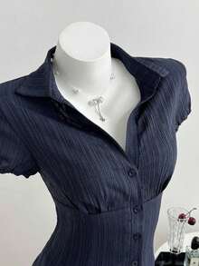 Camisa de mujer con cuello en V, cintura fruncida y manga corta, color blanco, para primavera/verano - Azul marino - Ver 1