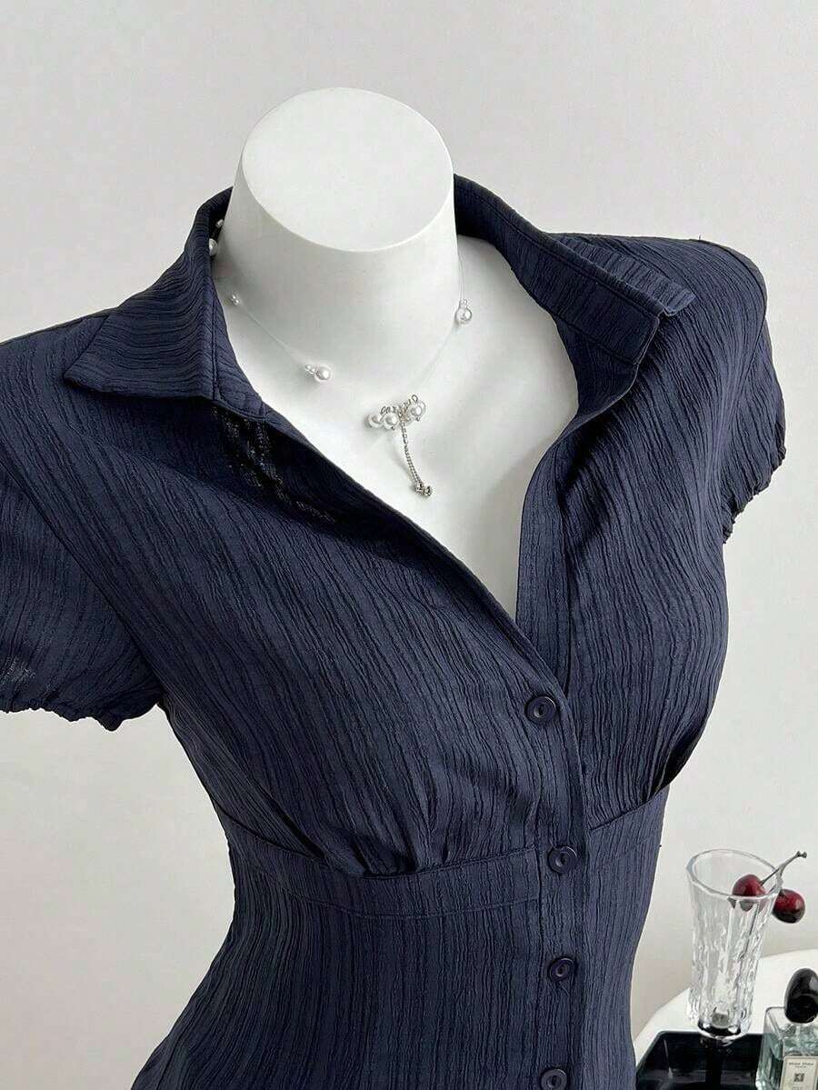 Camisa de mujer con cuello en V, cintura fruncida y manga corta, color blanco, para primavera/verano - Azul marino - Ver 1
