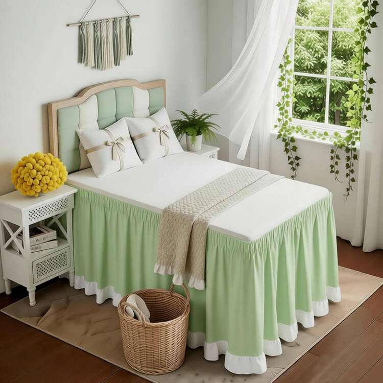 1pc [Over 12,000 Collected] Multi-Color Ruffled Dorm Bed Skirt, Wrap-Around Design With Adjustable Elastic Band, Suitable For Dorm Bedding Set, Skirt Height: 36 Inches, Fits Adjustable Bed Skirt And Box Spring, Soft, Durable, Wrinkle-Resistant Fabric - Made Of Premium Microfiber, Dustproof Pleated Style, Fade-Resistant, Machine Washable. - Grass Green - TwinXL 36" Drop - View 5