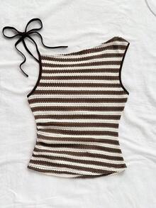 Top ajustada de punto con cuello asimétrico a rayas rojas y blancas, adecuada para vacaciones, fiesta, Navidad, cita, playa, crucero, carnaval, verano - Multicolor 2 - Ver 2